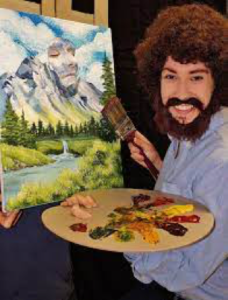 woman dressed as bob ross in front of a painting