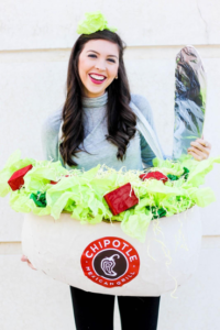 woman dressed as a chipotle bowl